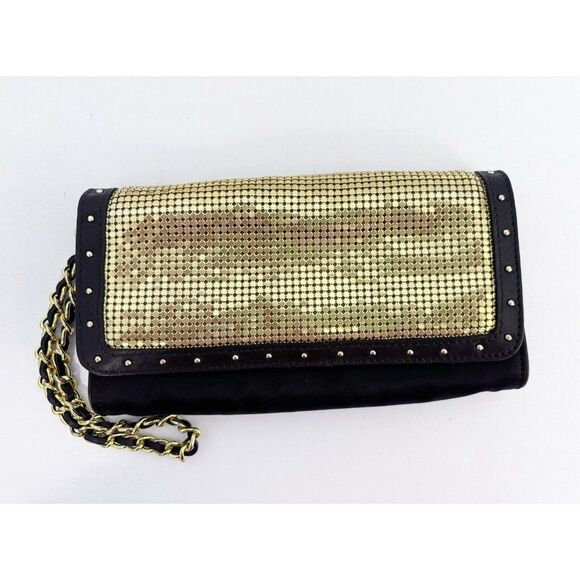 Michael Kors Brown And Gold Clutch Wristlet Gold Mesh Magnetic Closure - Picture 1 of 8